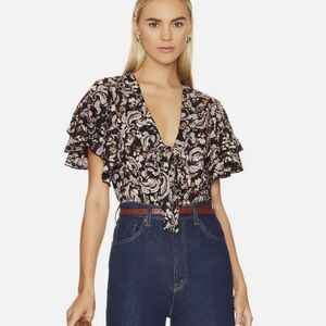 NWT Intimately Free People Ruffled Black Dark Floral Bodysuit Blouse